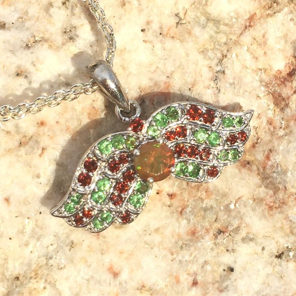 .925 Silver Opal, Tsavorite & Red Garnet Wings Pendant Angel Natural - Picture 16 of 16